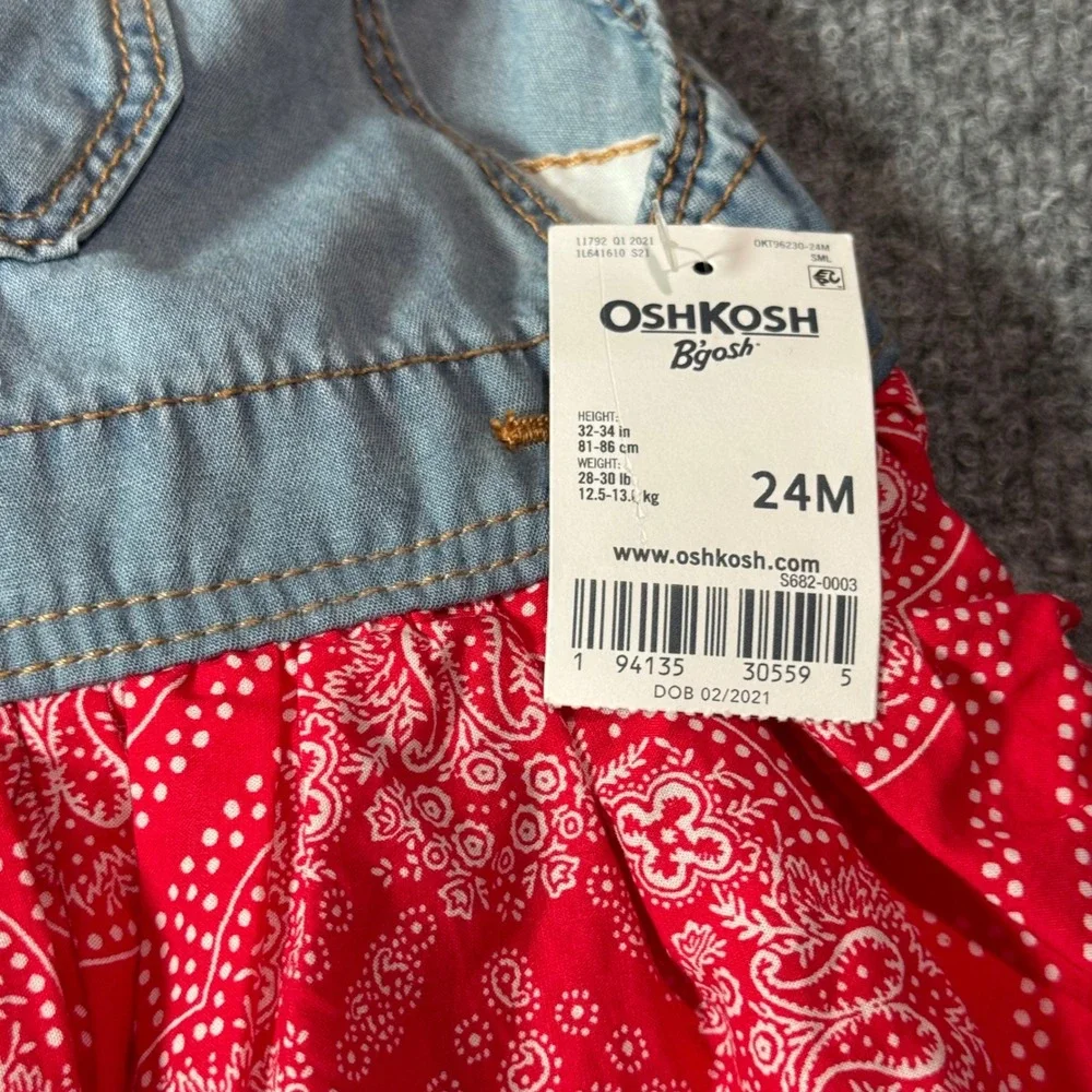 OshKosh Bgosh Girls Denim Jumper Dress Red Bandana Print‎ 24M
